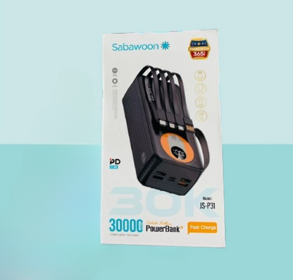 Sabawoon 30,000mAh Power Bank | Fast Charging with 4 Built-In Cables | Lithium Battery – Universal Mobile Compatibility